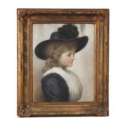 Tableau Ancien Portrait d\'une Jeune Femme Crayons Couleurs sur Carton