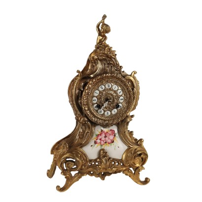 Ancient Countertop Clock '900 Gilded Bronze Enameled Ceramic Angel