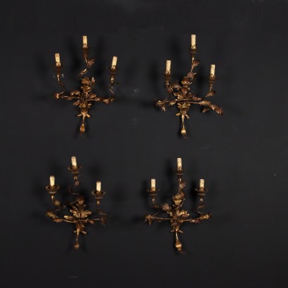 Appliques Anciennes 3 Lumières Tôle Dorée Décorations Feuilles