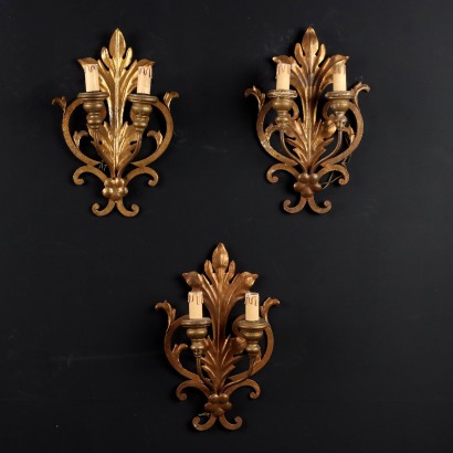 Group of 3 Ancient Wall Lamps '900 Gilded Metal Leaves Decorations