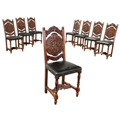 Groupe de 8 Chaises Anciennes Bois Noyer Assise Rembourrée Cuir