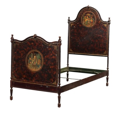 Lit Ancien Italie '800 Ameublement Fer Laqué Médaillons Peints