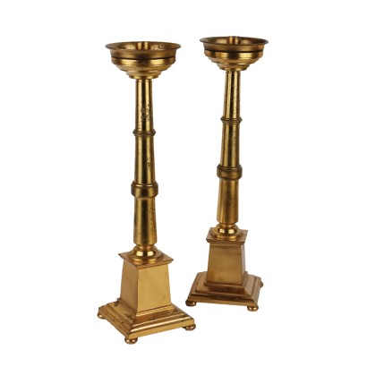 Paire de Bougeoirs Anciens '900 Bronze Doré Base Carrée Pieds Ronds