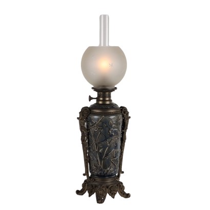 Lampe Ancienne à Huile Style Art Nouveau Céramique Métal Verre