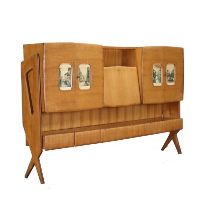 Vintage Cupboard 1950s Flap Maple Veneered Wood Bar Compartment