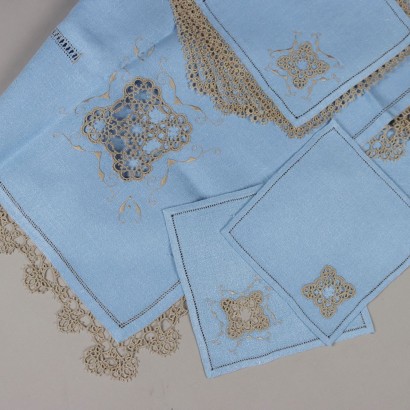 Nappe à Thé Ancienne '900 Serviettes Lin Bleu Clair Empiècement Écru