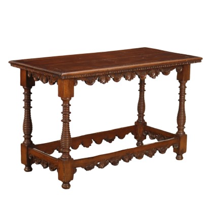 Ancient Baroque Table Early '700 Walnut Wood Turned Feet Plinto