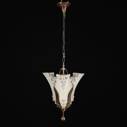 Ancient 1 Light Chandelier '900 Brass Satined Glass Flower Pattern