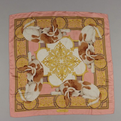 Vintage Scarf Salvatore Ferragamo Pure Silk Decoration with Dogs