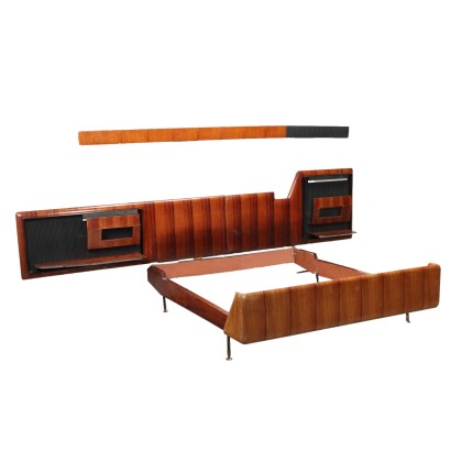 Lit Vintage Années 60 Plaqué en Bois Exotique Métal Laiton