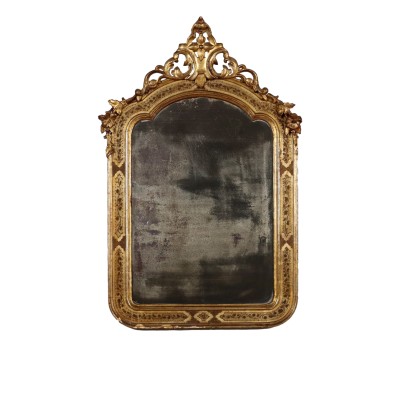 Miroir Ancien '900 Cadre en Bois Gravé et Doré Ameublement