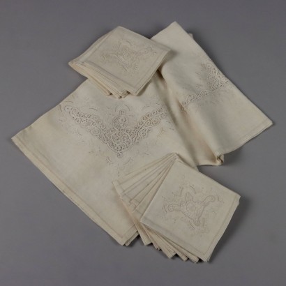 Nappe Ecrù Ancienne '900 Lin avec Broderies Lin Cantù