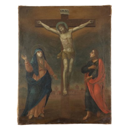 Ancient Painting '700-'800 Holy Subject Crucifixion Oil on Canvas