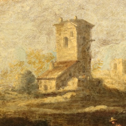 Peinture de paysage avec bâtiments et personnages