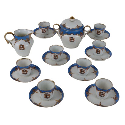 Antiker Kaffeeservice 1880 Porzellan Gold Dekorationen Blaue Bordüren