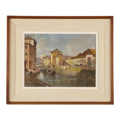 Pintura firmada Giovanni Riva, Vista del Naviglio en Milán, Giovanni Riva, Giovanni Riva, Giovanni Riva, Giovanni Riva