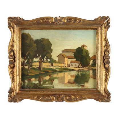 Ancient Painting Carlo Sartorelli 1930 Landscape Oil on Canvas Frame