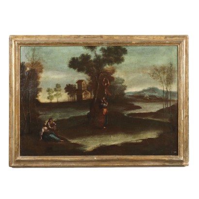 Tableau Ancien '700 Paysage avec Figures Huile sur Toile Encadré