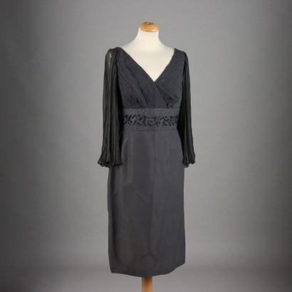 Vintage Cocktail Dress Size 12/14 1970s Silk Dark Grey Chiffon