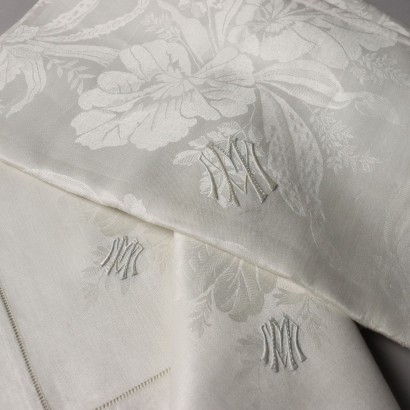 Nappe Ancienne avec 6 Napperons '900 Tissu Lin Blanc