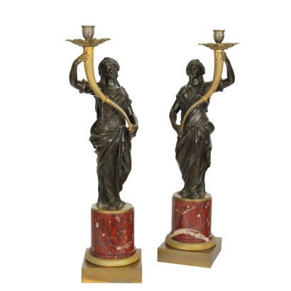Pair of Ancient Torch Holders '800-'900 Gilded Bronze Marble