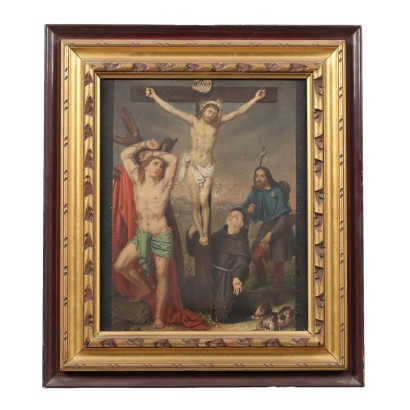 Peint avec le Christ en croix et les saints