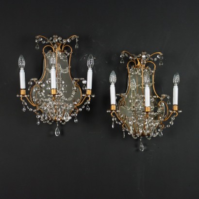 Paar Antike Wandlampen '900 Kristall Spiegel Vergoldeter Schmiedeeisen