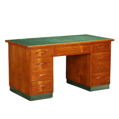 Bureau Vintage des Années 40 Bois Plaqué Chêne Plateau en Linoleum