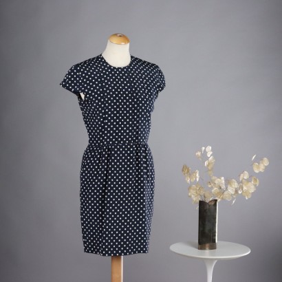Vintage Dress by Pinuccia Botondi Size 6 1990s Blue Silk White Dots