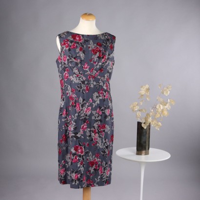 Vintage Cocktail Dress with Roses Size 12 1960s-70s Grey Silk