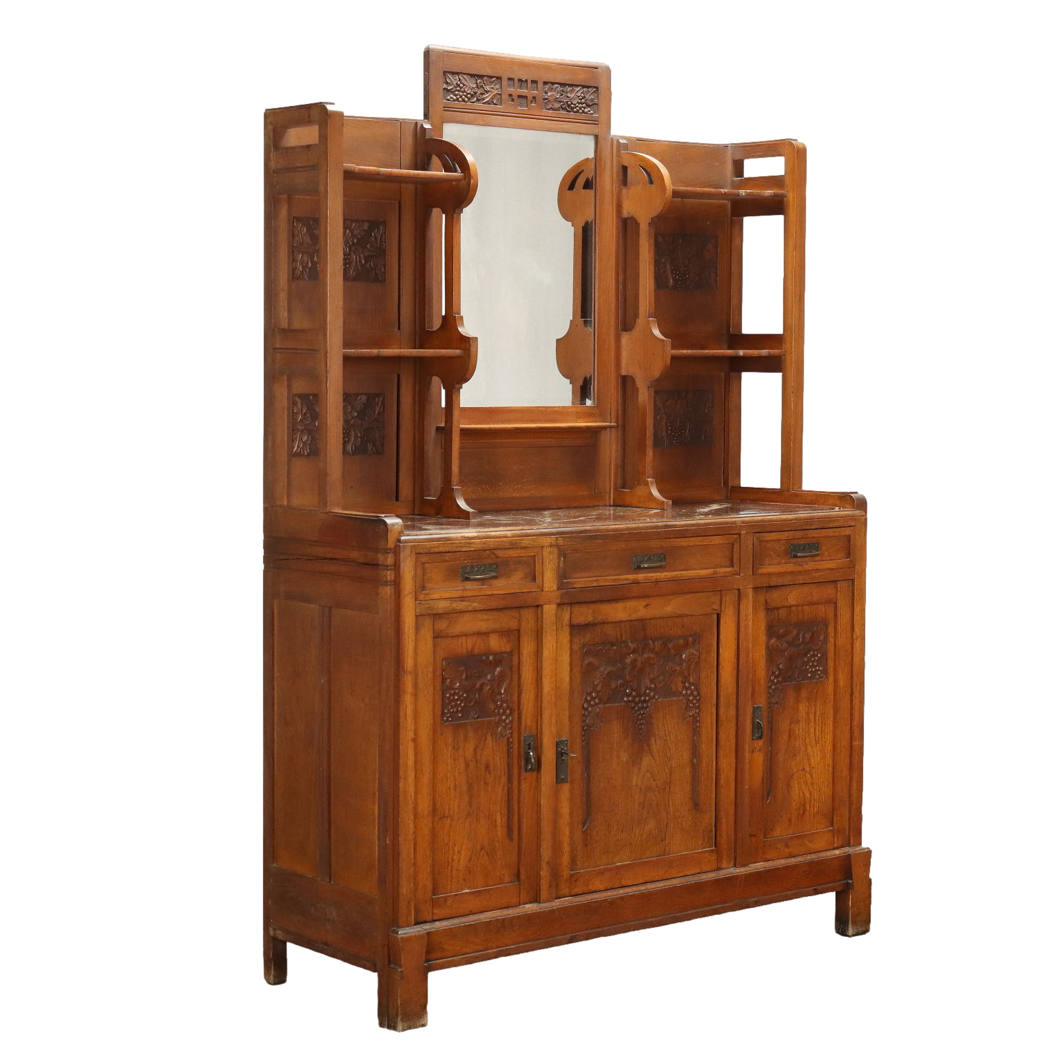 Credenza Vintage con Alzata Liberty '800'900 Legno di Rovere Specchio