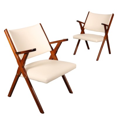 Paire de Fauteuils Vintage Années 50-60 Bois de Hêtre Teinté Simili