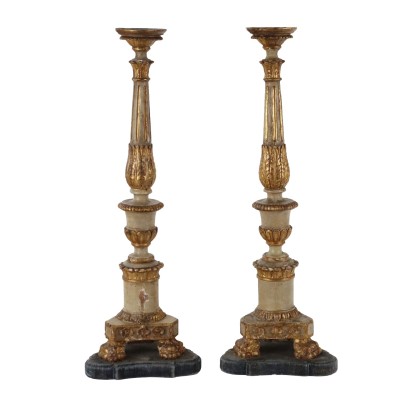 Paar Antike Kerzenhalter Geschnitztes Holz Italien XIX Jhd