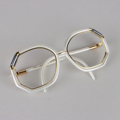 Brille Ted Lapidus Weiß und Silber Kunststoff Vintage Klamotten