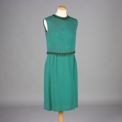 Vintage Green Dress with Embroideries Size 14/16 Crepe 1960s