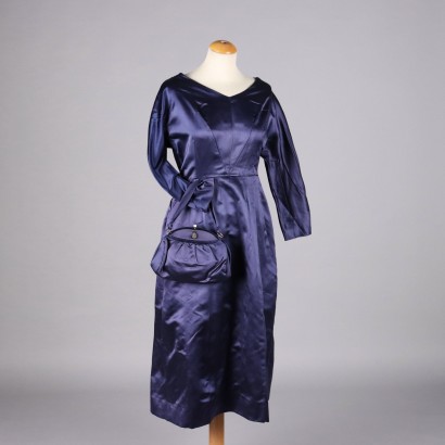 Vintage Dress Blue Satin with Handbag Size 14 Clothing and Textiles