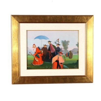Tableau Satirique Pietro Ardito Groupe de Clercs Art Contemporain