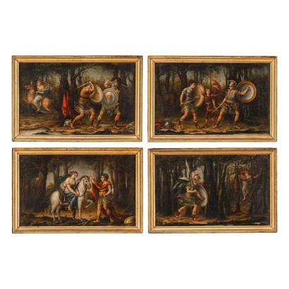 arte, arte italiano, pintura italiana antigua, Grupo de cuatro cuadros con escenas de