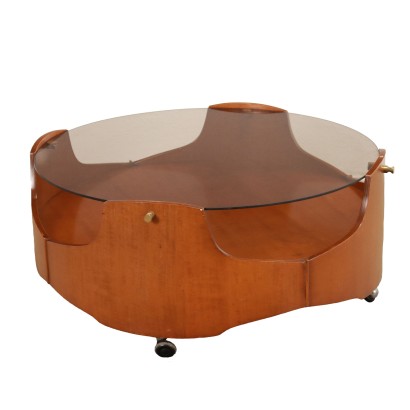 Table Basse Noyer Laiton Verre Italie Années 60-70