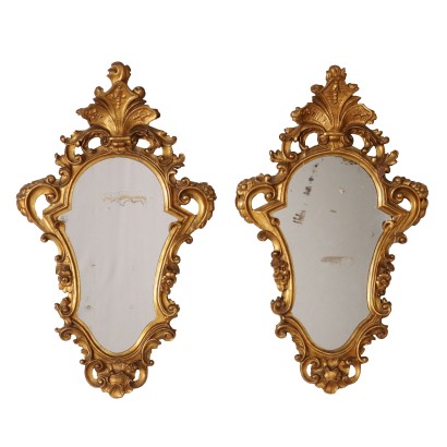 Pair of Small Mirrors Baroque Style Gilded Wood XX Century