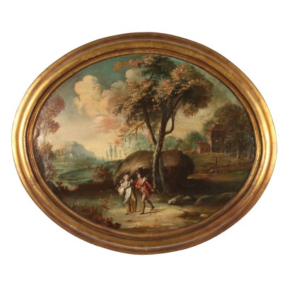 Ovales Gemälde Landschaft mit Figuren