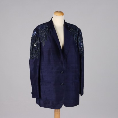 Veste Vintage Bleue en Shantung de Soie