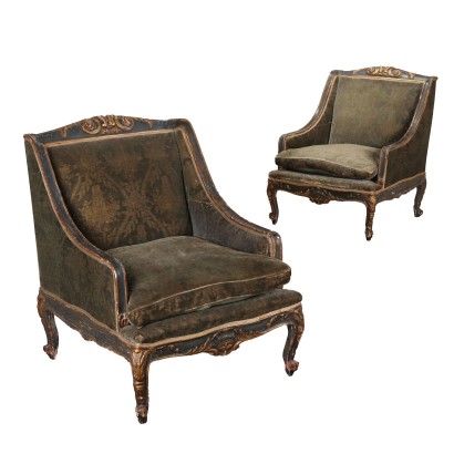 Pair of Armchairs Baroque Style Carved Wood XIX Century
