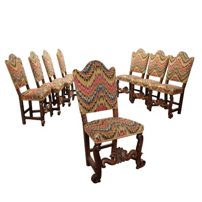 Group of 6 Baroque Chairs Walnut Padding XVII-XVIII Century