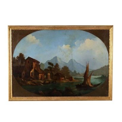 Landschaftsmalerei mit Gebäuden und Figuren Öl auf Leinwand '800