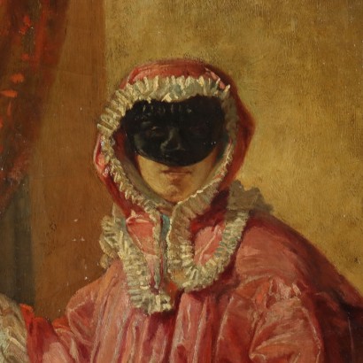 Painting Female Figure with Mask Oil on Canvas Italy XIX Century