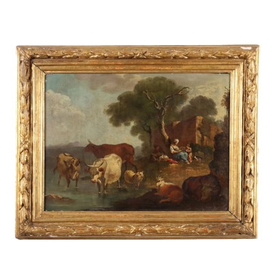 Landscape Painting with Herds and Figures Oil on Cardboard XIX Century