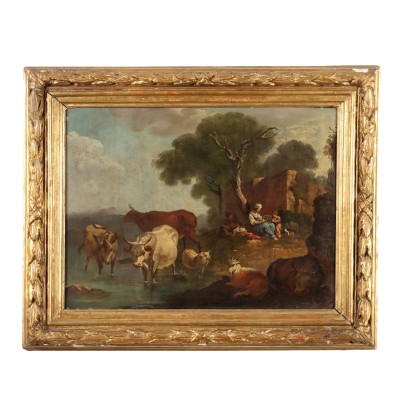Tableau Paysage avec Troupeaux et Figures Huile sur Carton