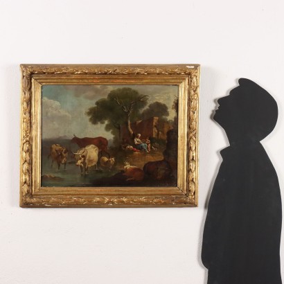 Peinture de paysage avec des troupeaux et des personnages