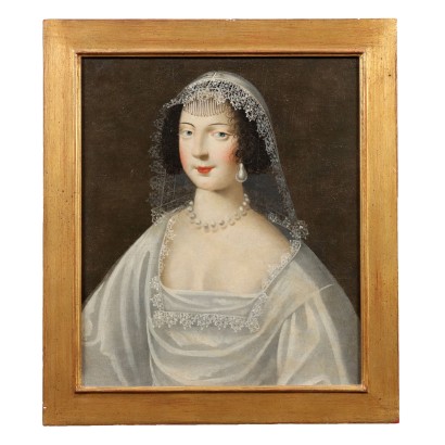 Tableau Ancien '700 Portrait d'une Jeune Mariée Huile sur Toile